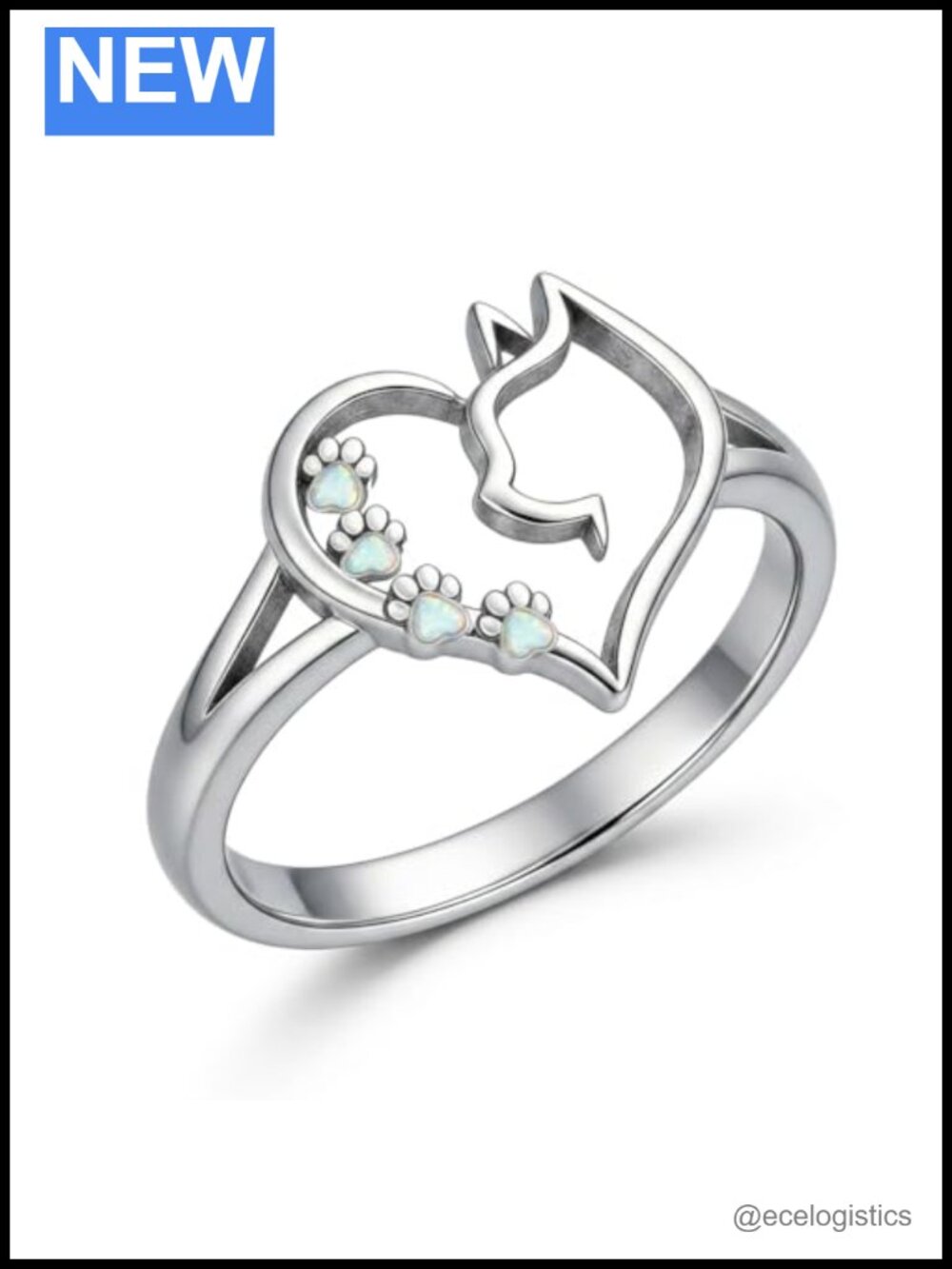 Cat Memorial Opal Ring White Gold Plated Stackable Size 8